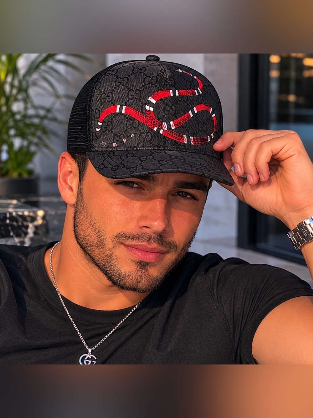 Gucci Black GG Supreme Baseball Cap with Red Snake Motif